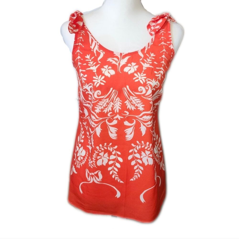 CAbi Coral and White Floral Tie-Shoulder Tank Top